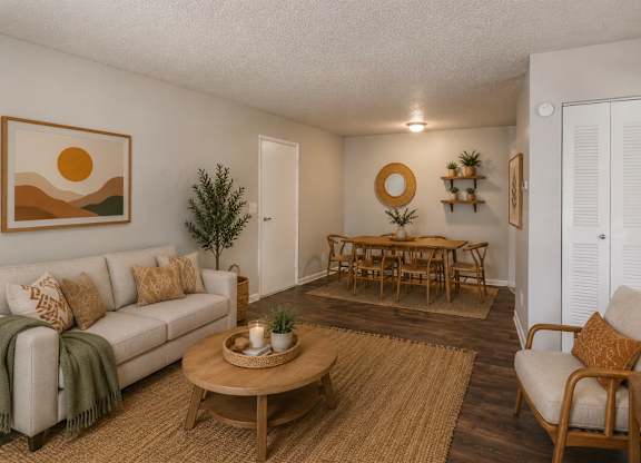 A living room with a white couch, a wooden coffee table, and a painting on the wall.