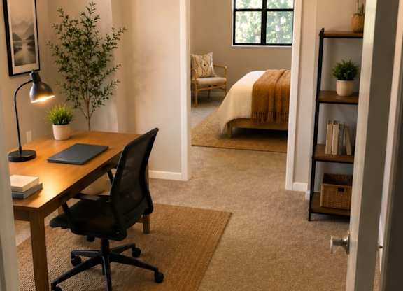 A room with a desk and a chair in it.
