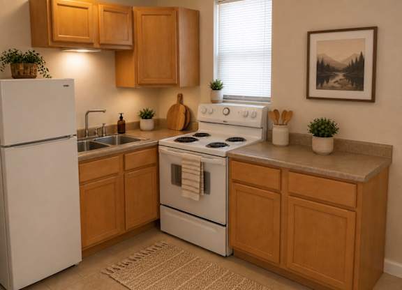 A kitchen with a white refrigerator, white stove, and wooden cabinets.