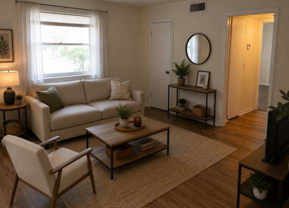 A living room with a white sofa, a wooden chair, and a coffee table.