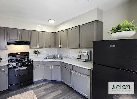 A modern kitchen with a black fridge and a plant on top.