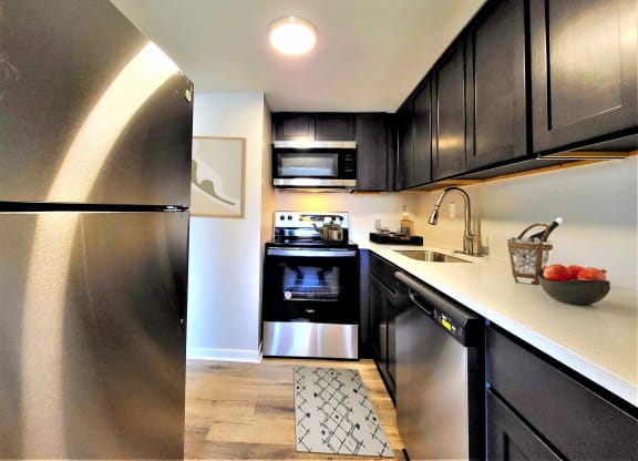 a kitchen with black cabinets and stainless steel appliances