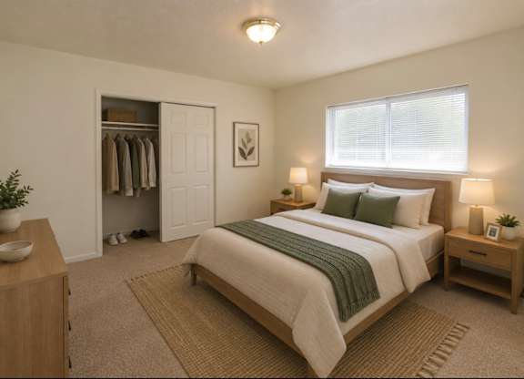 A bedroom with a large bed, a wooden nightstand, and a wardrobe.