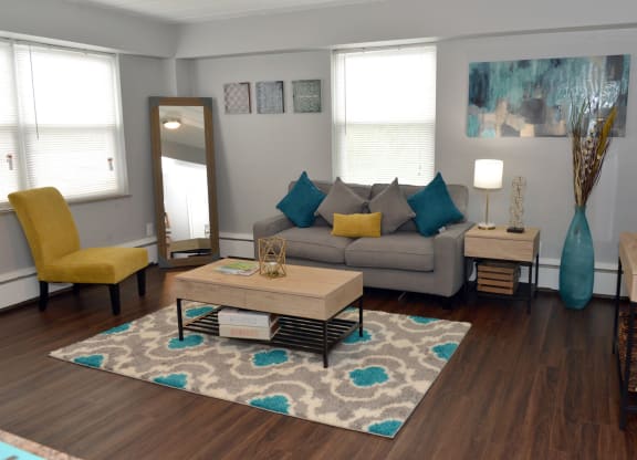 a living room with a couch and a coffee table
