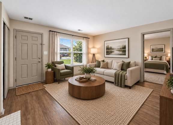 A well-lit, modern living room with a large window, a sofa, a coffee table, and a bed in the background.