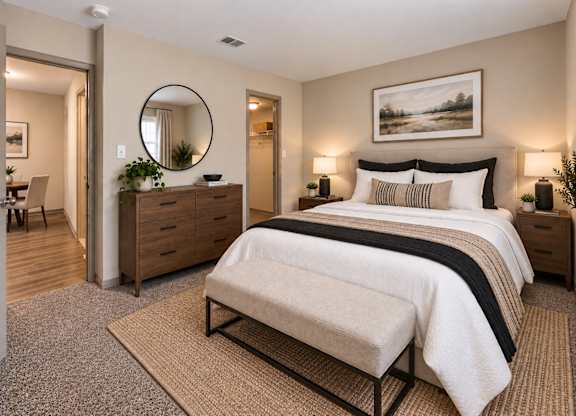 A bedroom with a large bed and a painting on the wall.