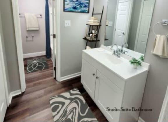 Sink with white cabinets,  a large mirror, and vanity lights next to the entrance of the bathroom. 