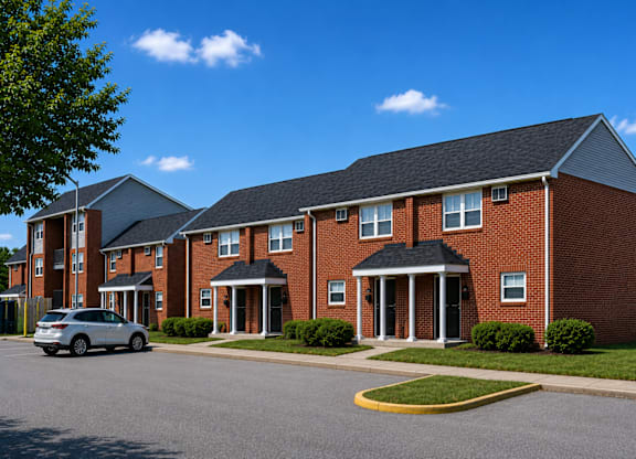 A red brick apartment building with a car parked in front.