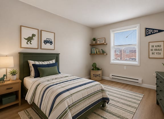 A bedroom with a bed, nightstand, and a window with a view of a fence.