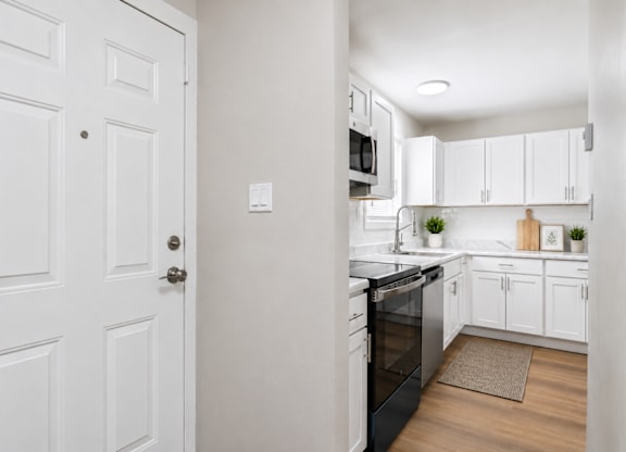 A white door is open to a modern kitchen.