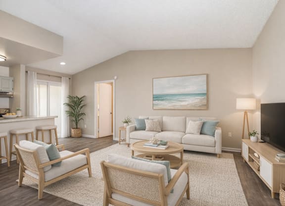 A living room with a couch, chairs, and a painting on the wall at Aqua Bay Apartments in Naples, FL 34116