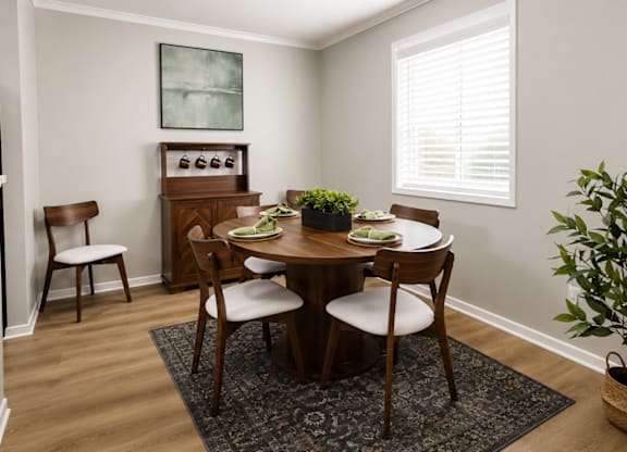 A dining room with a table set for four.