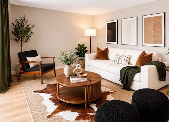 A living room with a white couch, a wooden coffee table, and a cowhide rug.