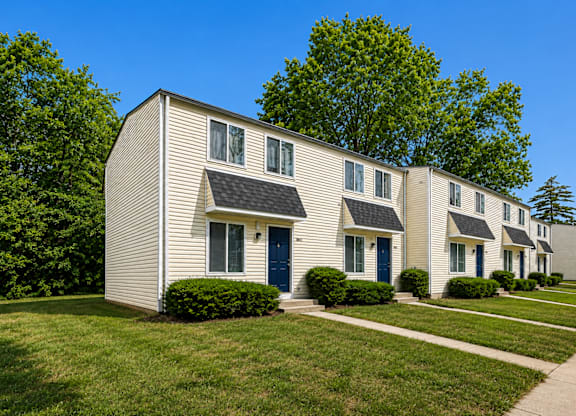 A row of houses with blue doors and windows.