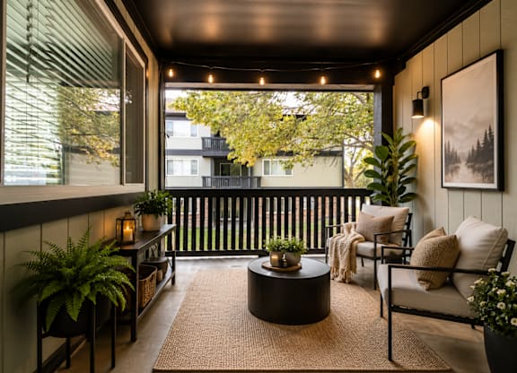 A balcony with a table, chairs, and plants.