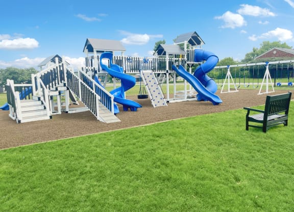 a playground with slides and swings on a sunny day