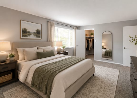 A bedroom with a large bed and a painting on the wall.