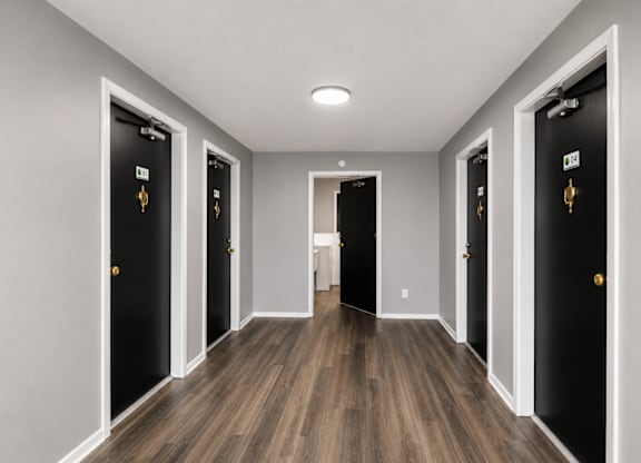 A hallway with black doors and wooden floors.