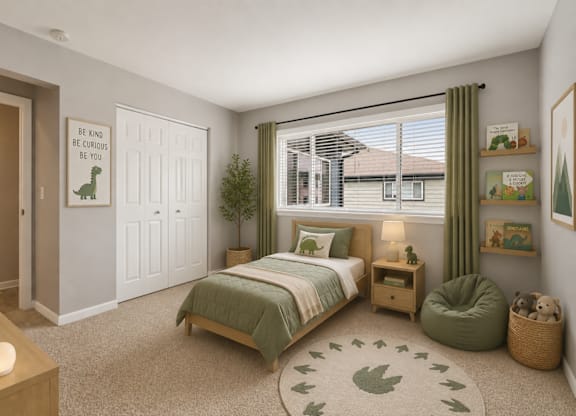A bedroom with a bed, a chair, and a rug with a leaf design.