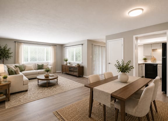 A modern living room with a dining area and a kitchen in the background.