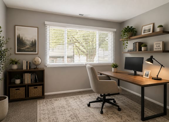 A home office with a desk, chair, and a potted plant.