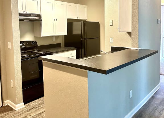 a kitchen with a countertop and a black refrigerator at Aqua Bay Apartments in Naples, FL 34116