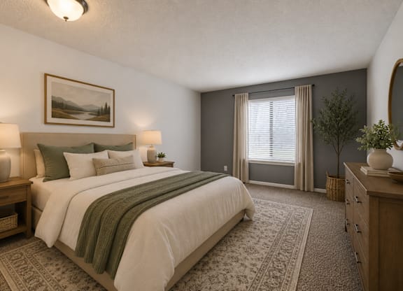 A bedroom with a large bed, a nightstand with a lamp, a painting on the wall, and a window with curtains.