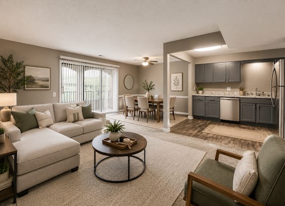 A living room with a white couch, a coffee table, and a kitchen area in the background.
