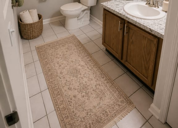 A bathroom with a toilet, sink, and mirror.