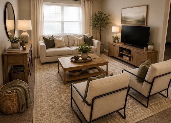A living room with a white couch, a coffee table, and a television.