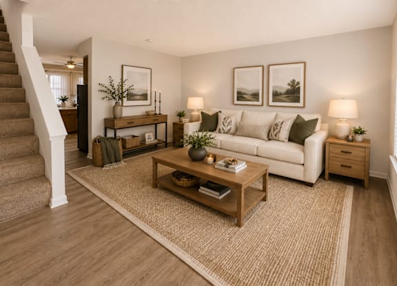 A living room with a couch, coffee table, and staircase.