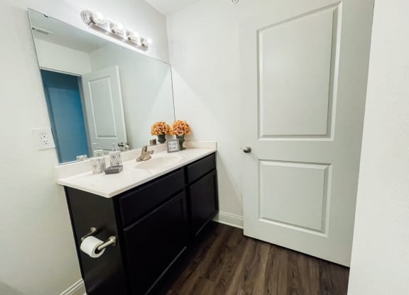 an empty bathroom with a sink and a mirror