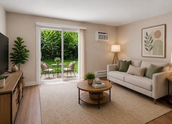 A living room with a couch, a coffee table, and a television.