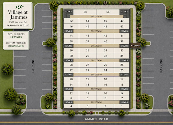A map of the parking lot at Village at Jammes.