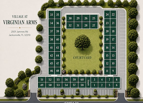 A map of the Village at Virginian Arms with a grid of numbered plots.
