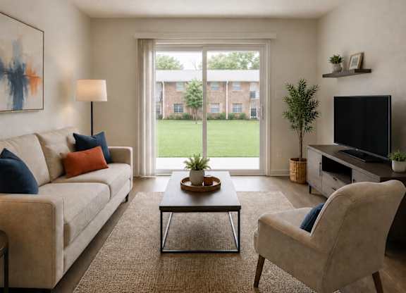 A living room with a couch, chair, and television.
