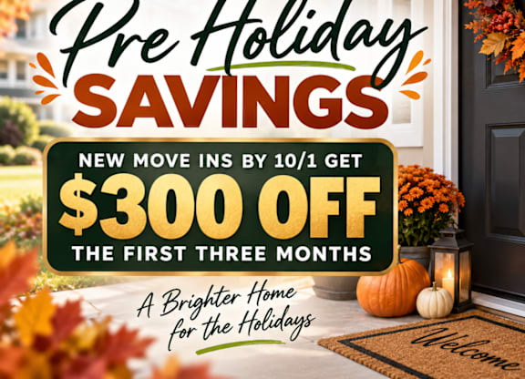 A fall-themed advertisement for Willow Brook Apartments offering $300 off for new move-ins by October 1st.