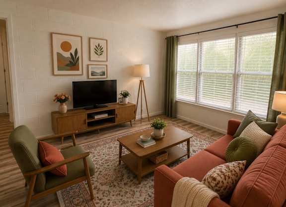 A living room with a red sofa, a green chair, a wooden coffee table, and a television.