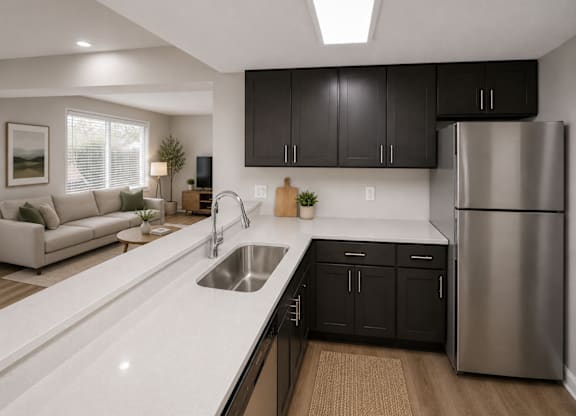 A modern kitchen with a stainless steel refrigerator and black cabinets.