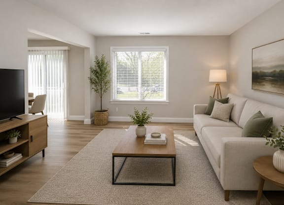 A living room with a grey couch, a coffee table, a television, and a plant.