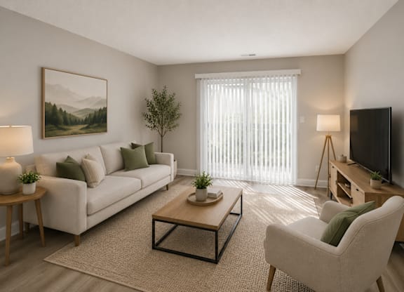A living room with a couch, chair, and television.