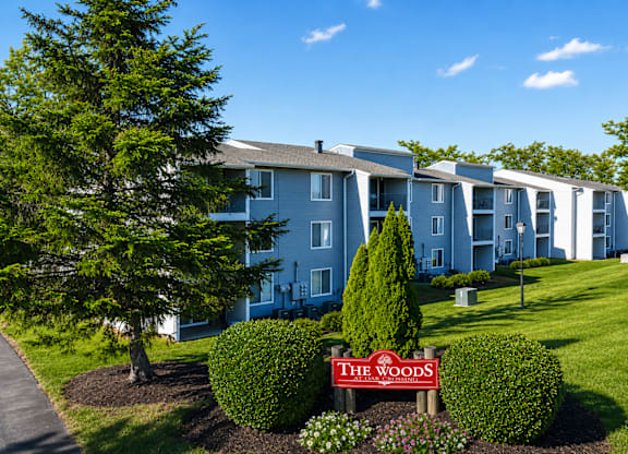 A sign that says The Woods is in front of a building.
