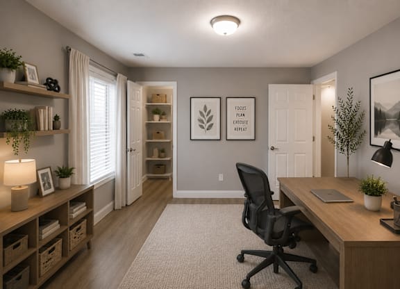 A well-lit home office with a desk, chair, and shelves.