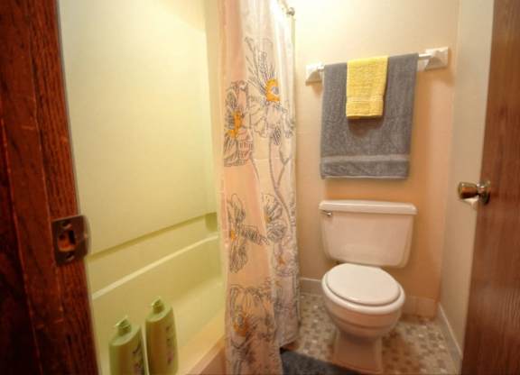 a bathroom with a toilet and a shower curtain