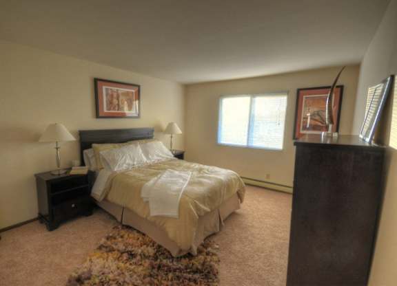 a bedroom with a bed and a dresser and a window