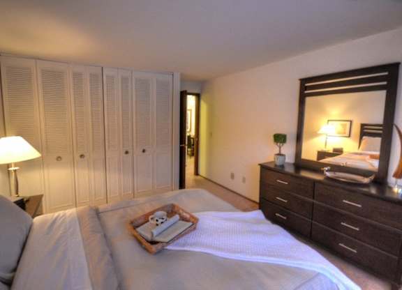 a bedroom with a bed and a dresser and a mirror