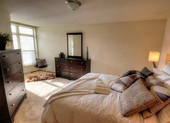 a bedroom with a bed and dresser and a window
