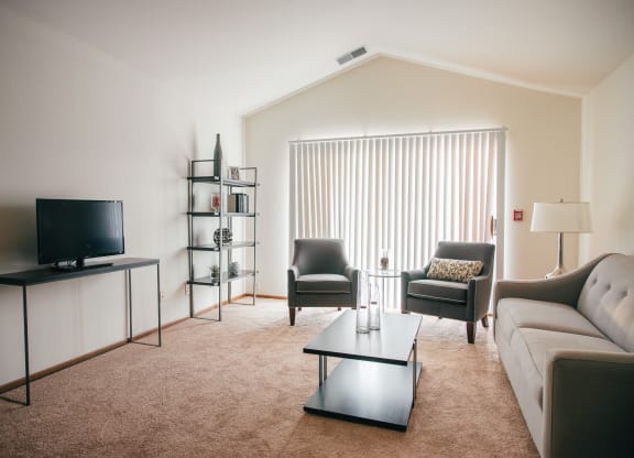 a living room with a couch and chairs and a television