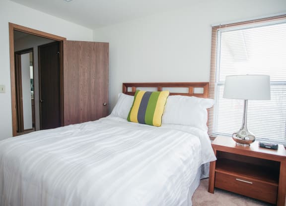 a bedroom with a bed and a dresser and a window