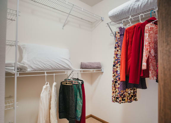 a bedroom with a bunk bed and a closet with clothes and a rack with clothes